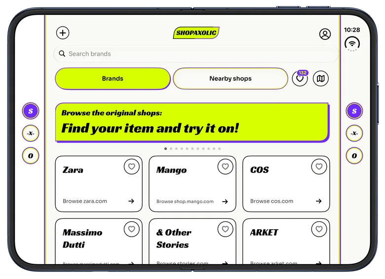 The Brands page on iPhone Duo: Zara, Mango, COS, Massimo Dutti, & Other Stories and ARKET, each opening the original shop