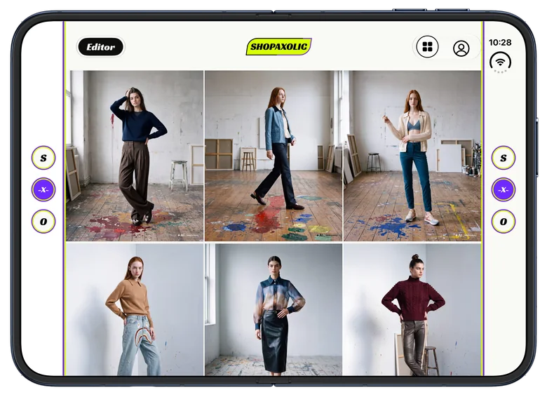 Six try-on looks on iPhone Duo, three in a painter's studio and three in a white room, each with the ✦AI mark