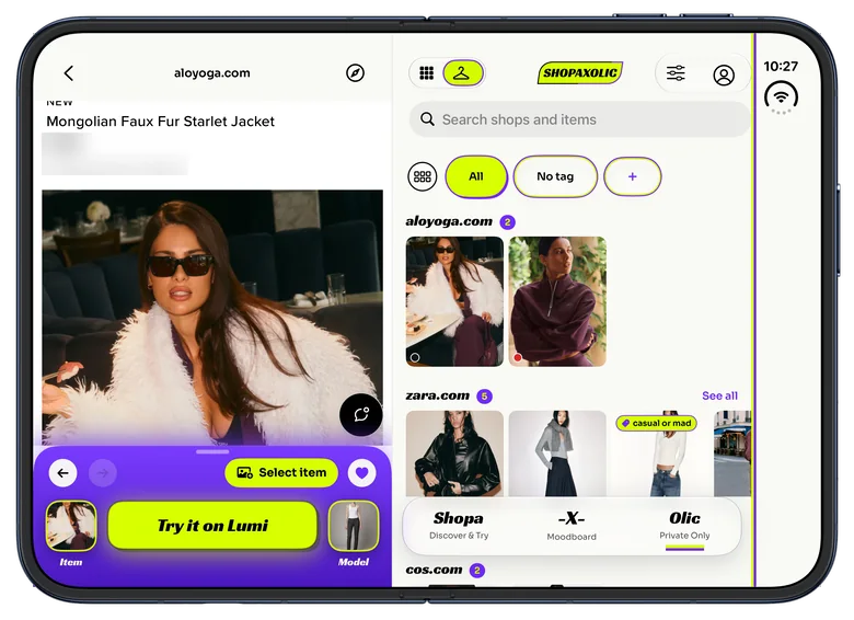 Shopa on the unfolded iPhone Duo: a faux fur jacket on aloyoga.com with the button Try it on Lumi on the left, and your saved pieces by shop on the right