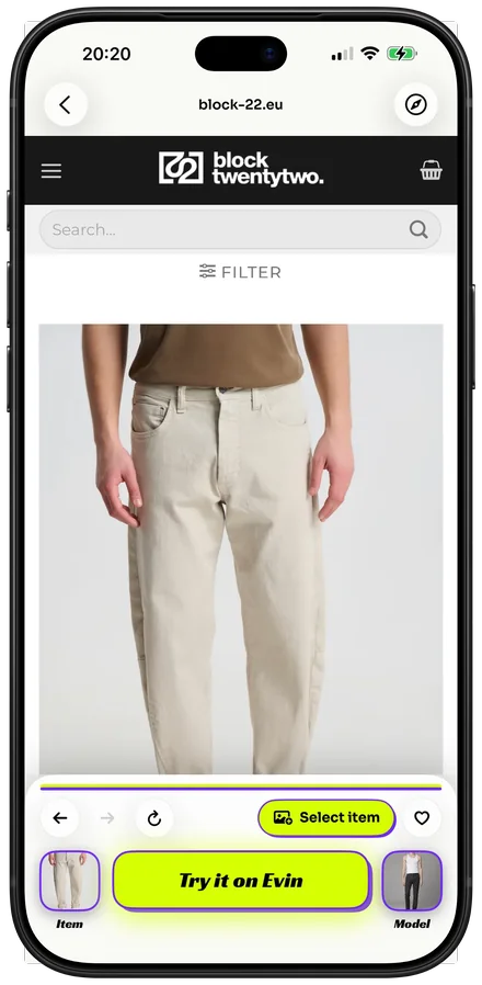 A pair of trousers on the block-22.eu shop page, opened in the app, with the button Try it on Evin