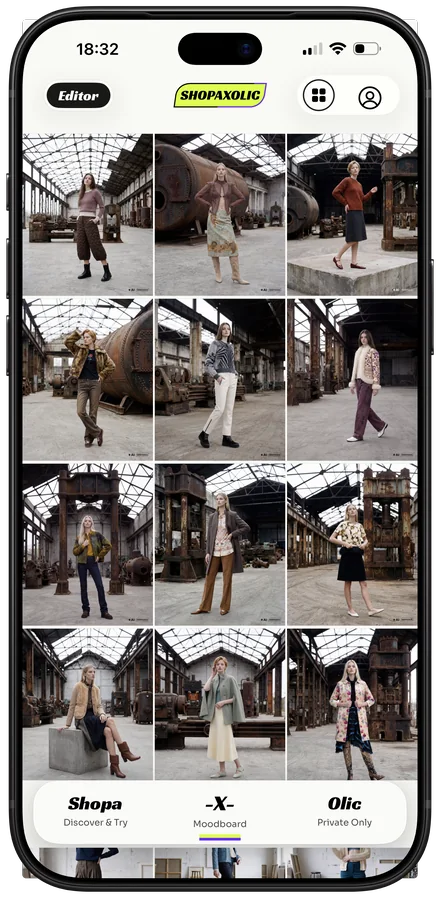 The -X- moodboard: twelve looks in an old factory, each made with AI and carrying the ✦AI mark