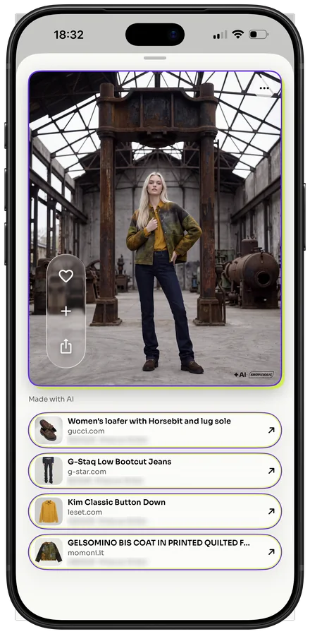 A look from the moodboard: a woman in a mottled green jacket and dark jeans in a rusted factory, with her loafers, jeans, shirt and coat listed below by shop