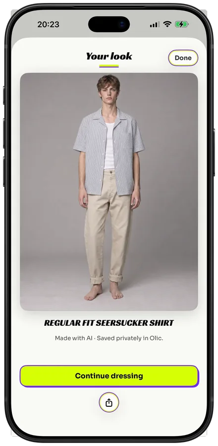 Your look: a model wearing a seersucker shirt and the trousers, made with AI and saved privately in Olic